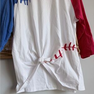 White Raglan Baseball Tee with Red & Blue Sleeves
